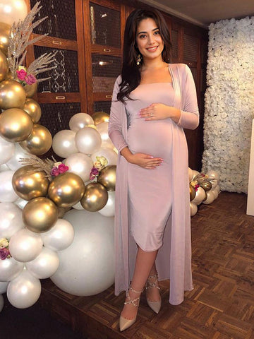 Pink Bright Wire Long Sleeve 2-in-1 Glitter Bodycon Party Cute Baby Shower Plus Size Cardigan Set Maternity Midi Dress Maternity